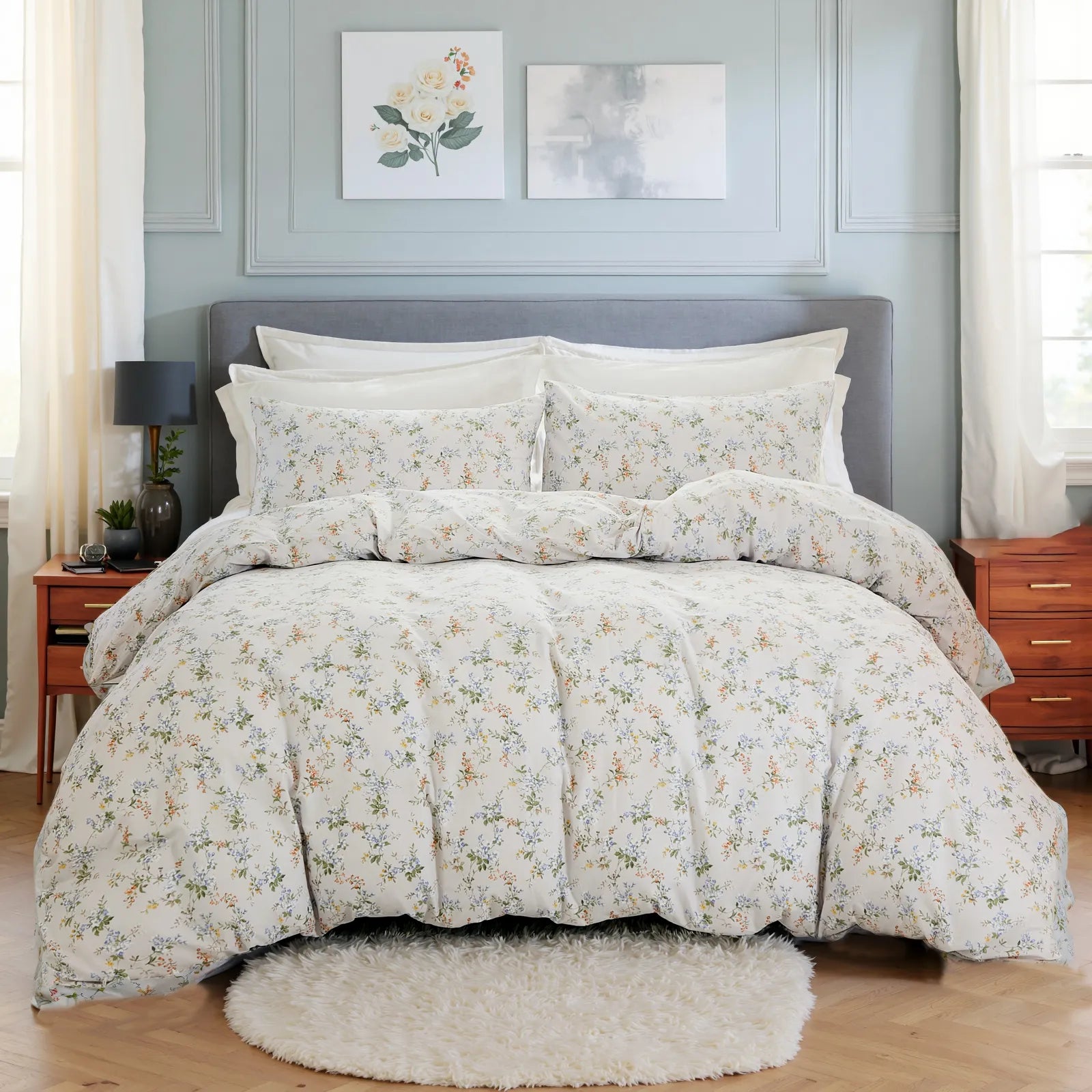 Green and yellow bloom cotton duvet cover set on a bed