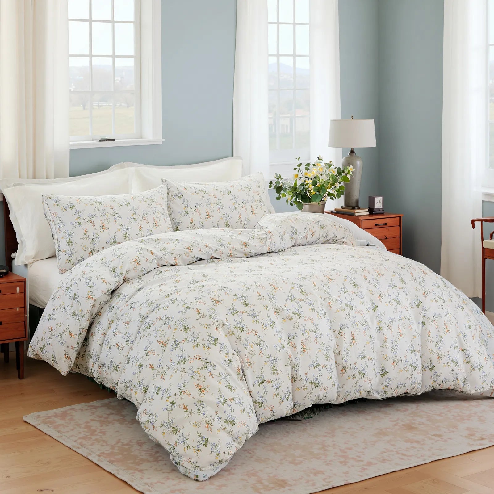 Full view of the floral duvet cover set on a bed