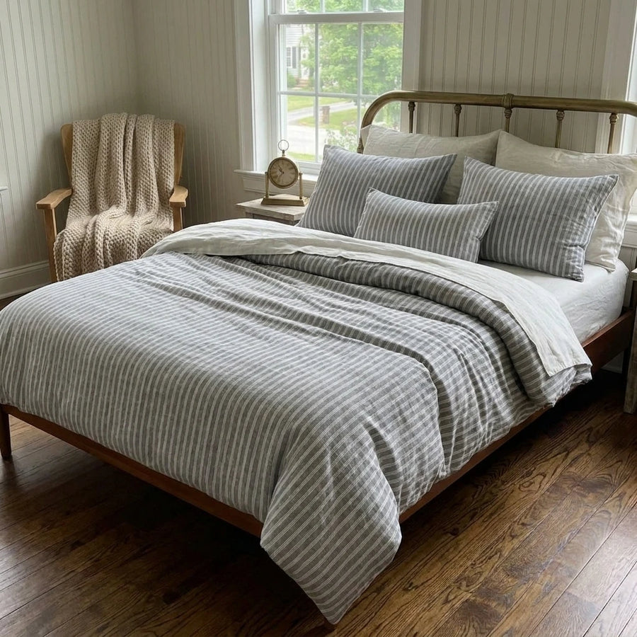 grey and white striped duvet cover modern minimalist bedroom decor