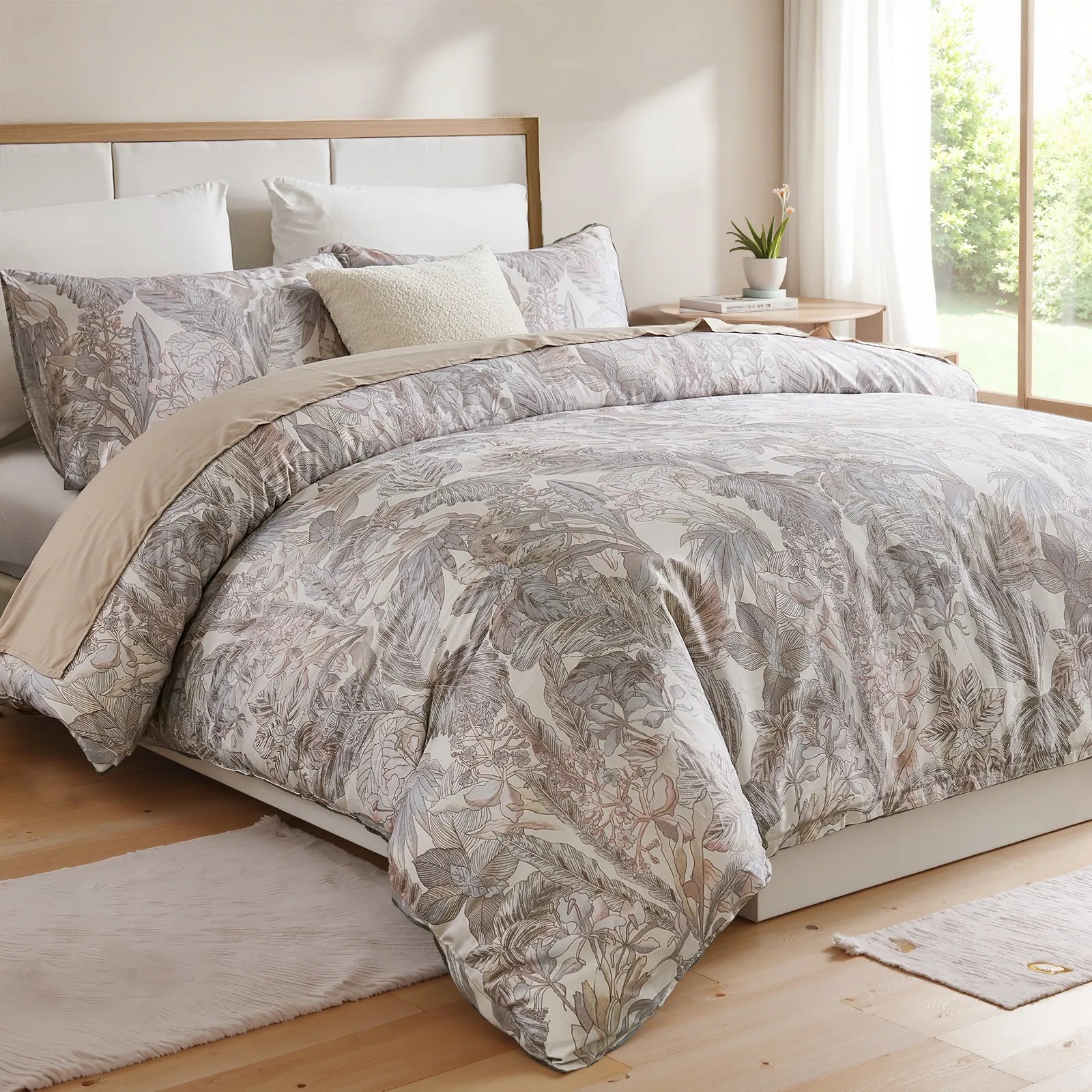 Grey leaves comforter set styled in a cozy, modern bedroom