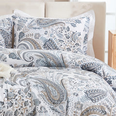 A detailed view of the 100% cotton fabric and intricate paisley design