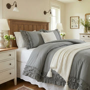 grey ruffled quilt set shabby chic farmhouse bedroom decor