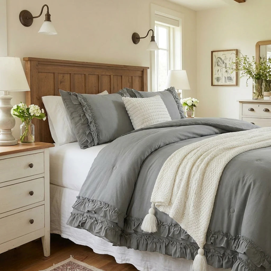 grey ruffled quilt set shabby chic farmhouse bedroom decor