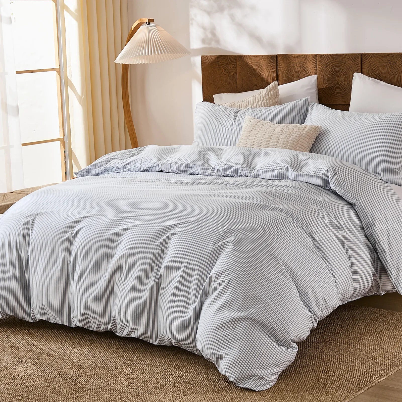 grey and blue pinstripe bedding sets