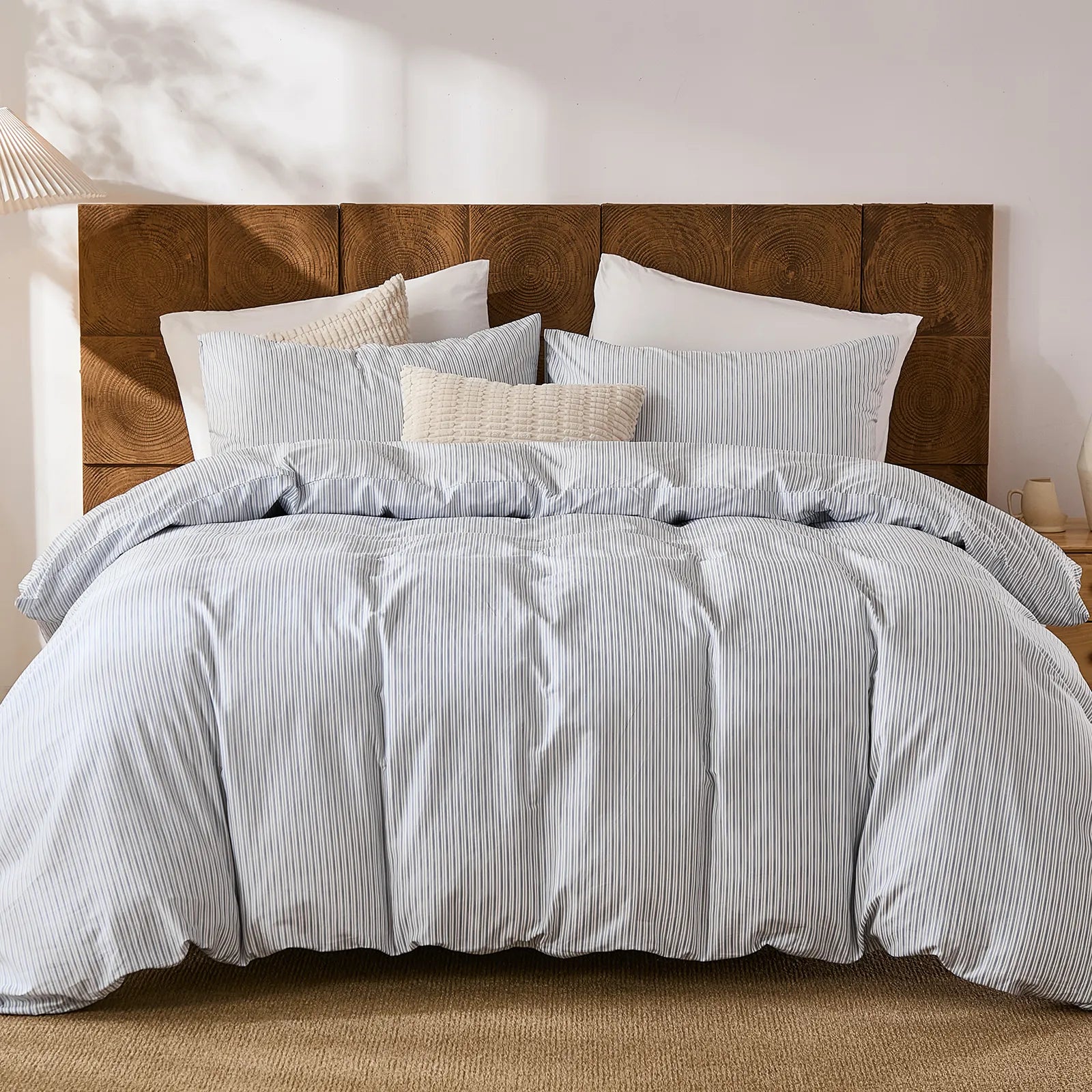 grey and blue pinstripe bedding set queen size