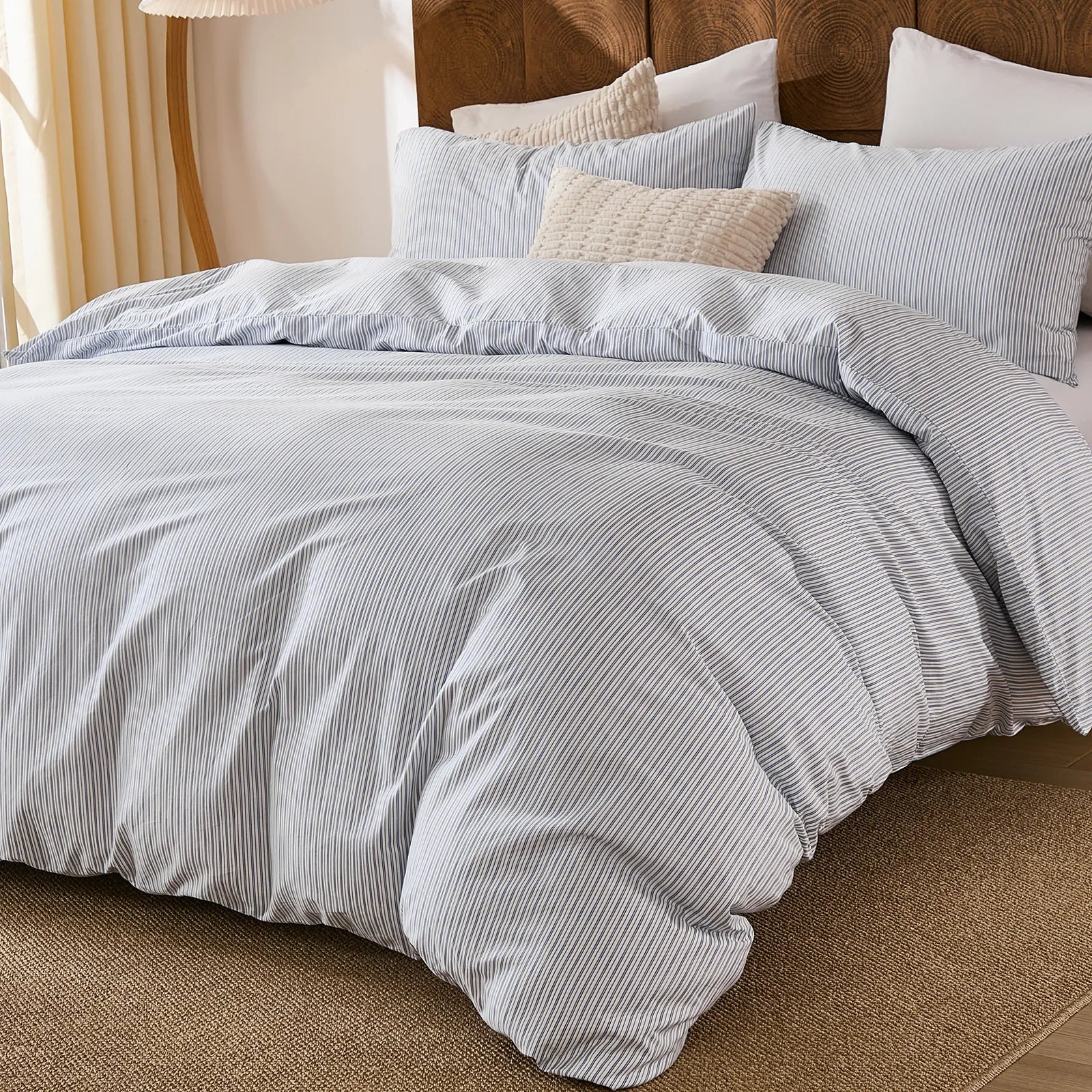 grey and blue pinstripe comforter sets