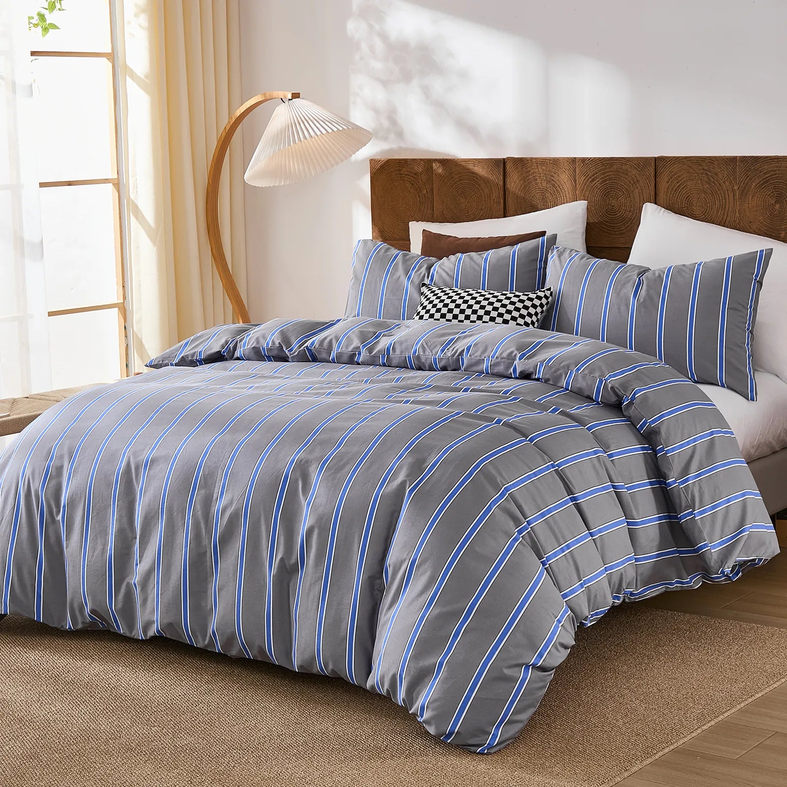 grey and blue stripe bedding sets