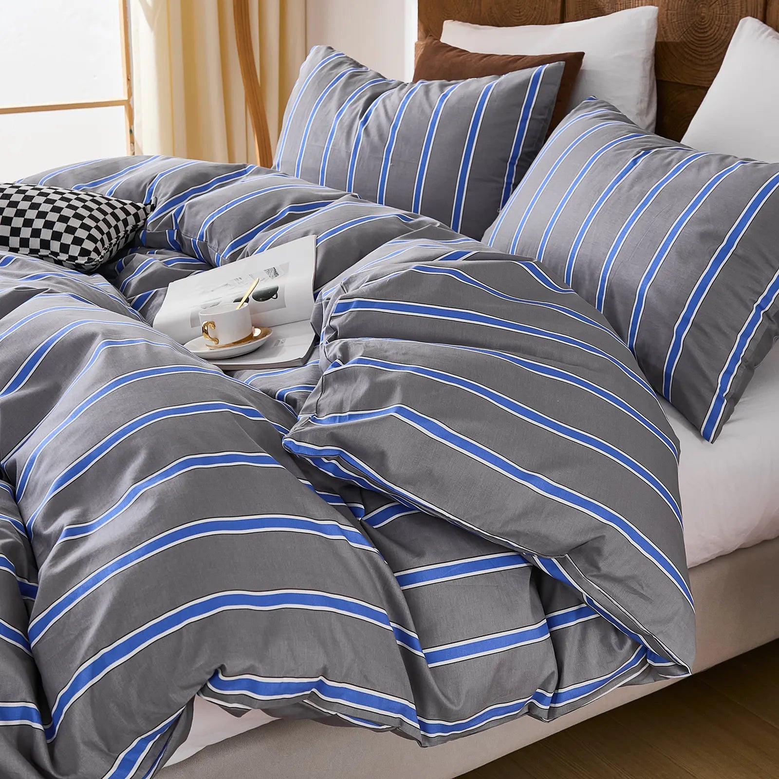 grey and blue stripe bedding set king size