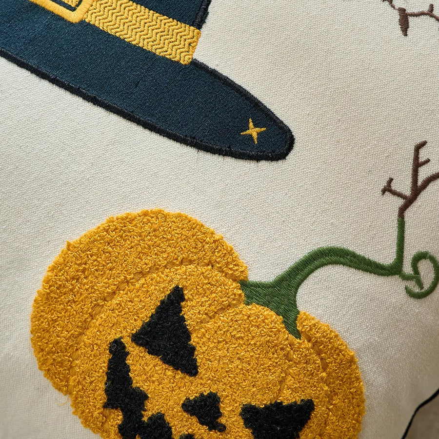 halloween decorative square pillow cover halloween duo pumpkin witch hat detail