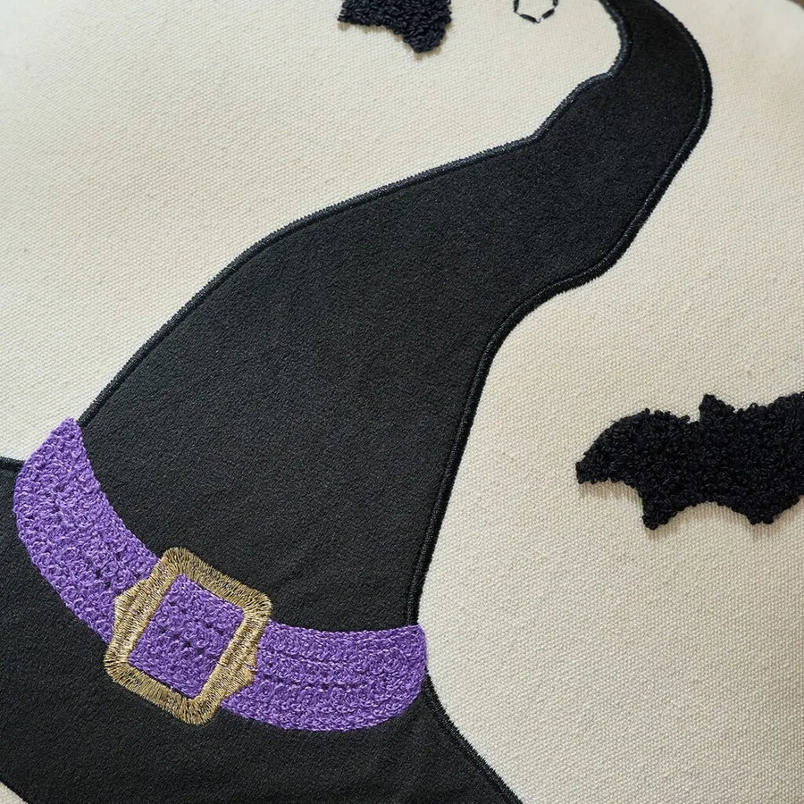 halloween decorative square pillow cover witch hat purple ribbon embroidery detail