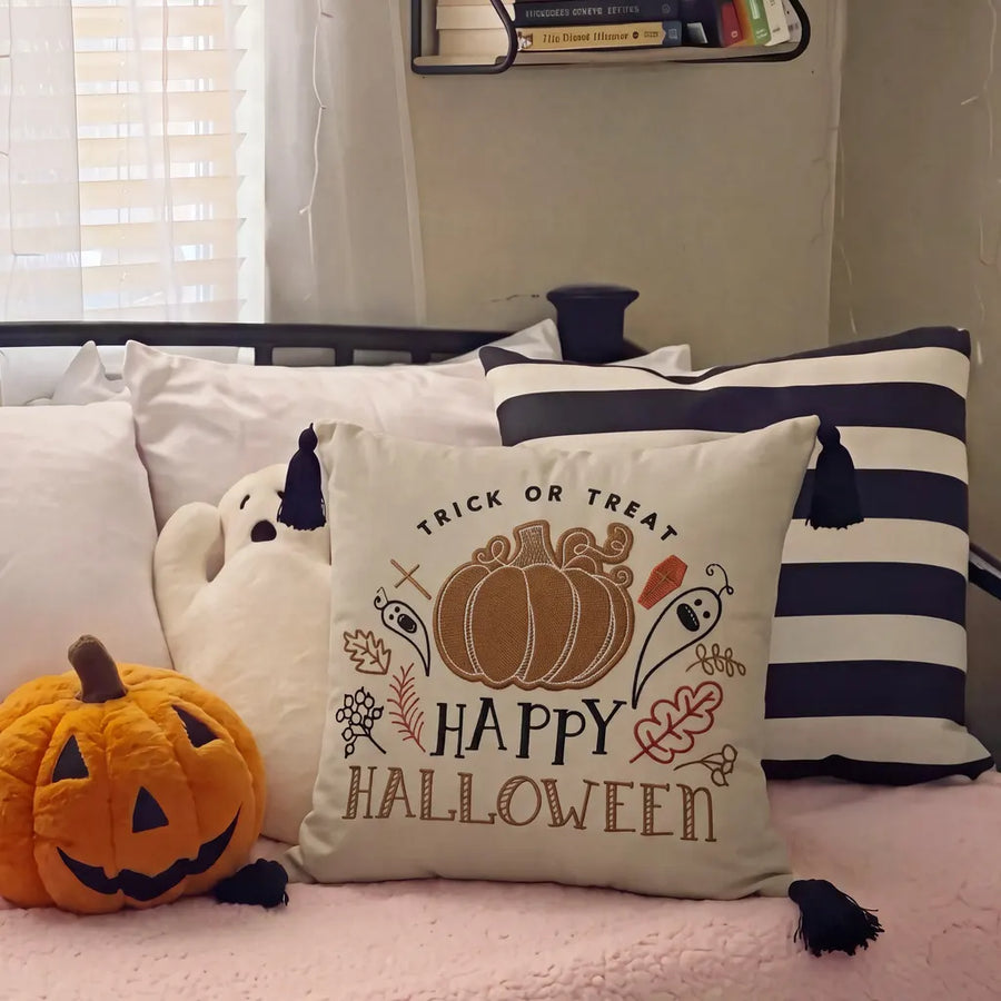 halloween decorative square throw pillow cover happy pumpkin black tassels ghost plush decor