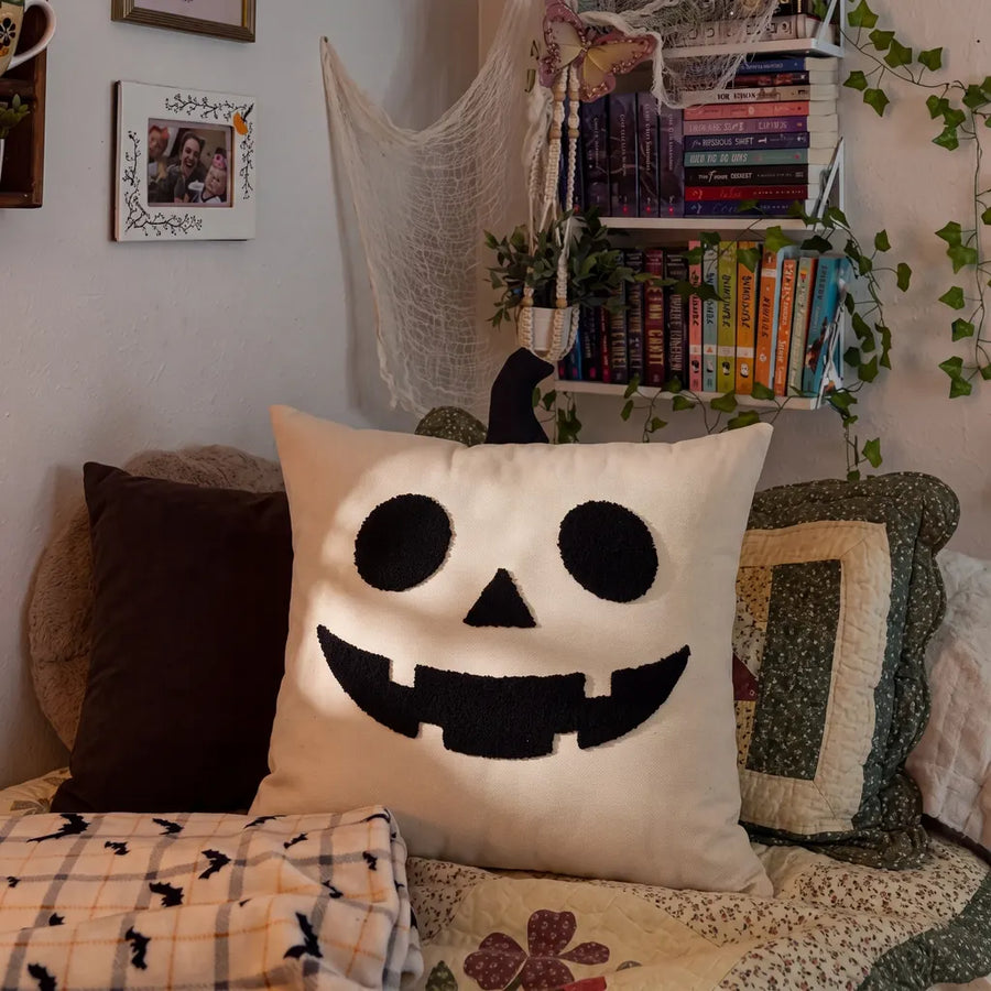 halloween decorative square throw pillow cover ivory jack olantern brown pillow green quilt bookshelf