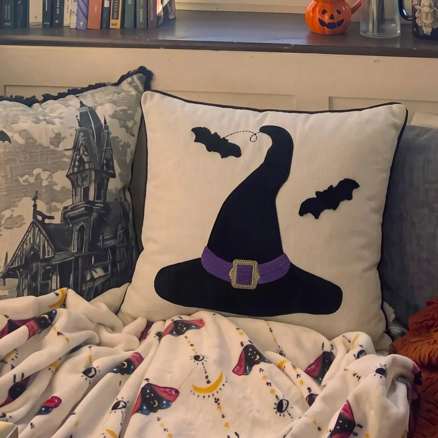 halloween decorative square throw pillow cover witch hat fleece blanket castle decor