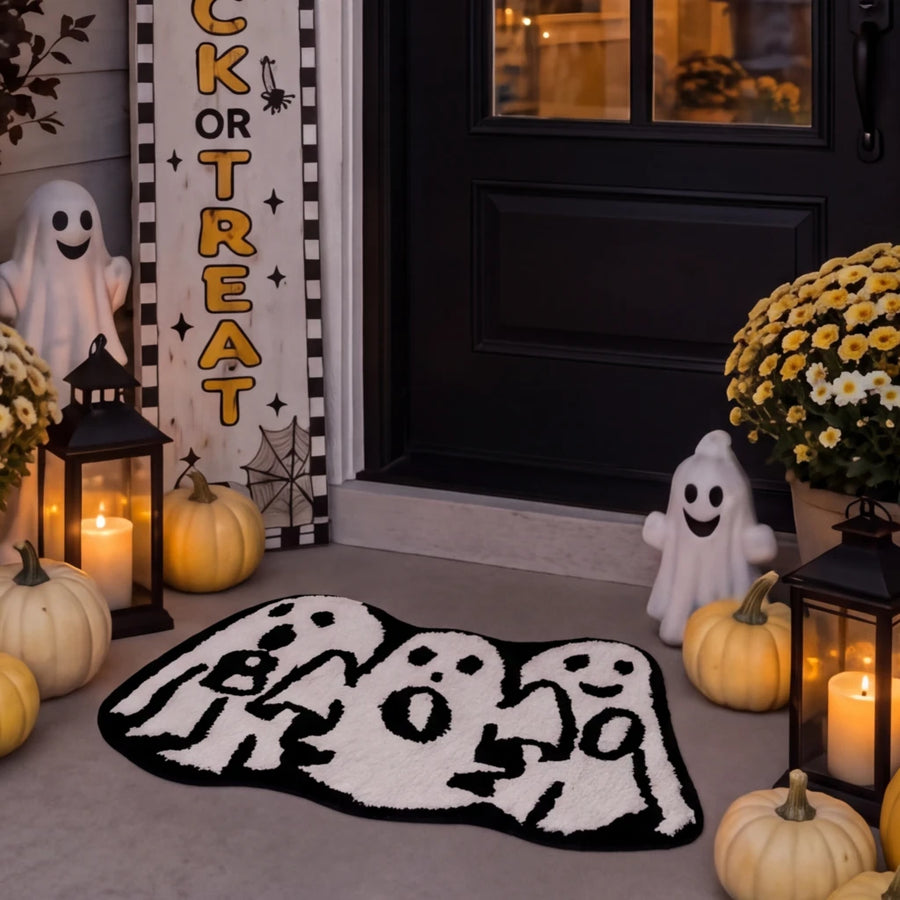 happy haunting rug boo crew black white ghost porch welcome mat