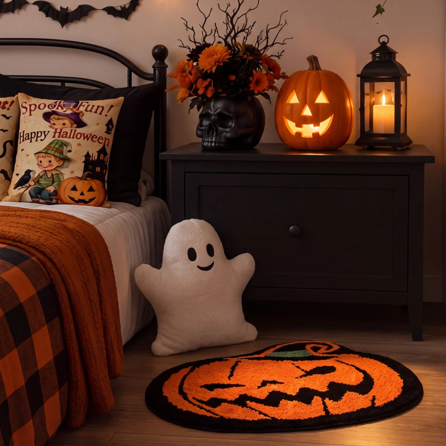happy haunting rug jack o lantern bedroom orange black plaid bedding