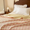 haven plaid yarn dyed quilt blush haven white ruffled pillows pleated lamp