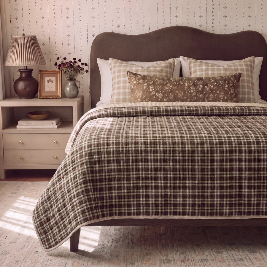 haven plaid yarn dyed quilt brown haven beige plaid pillows ceramic lamp