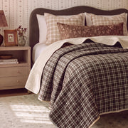 haven plaid yarn dyed quilt brown haven brown velvet headboard light wood nightstand