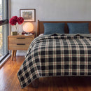 haven plaid yarn dyed quilt midnight haven wooden nightstand denim blue pillows