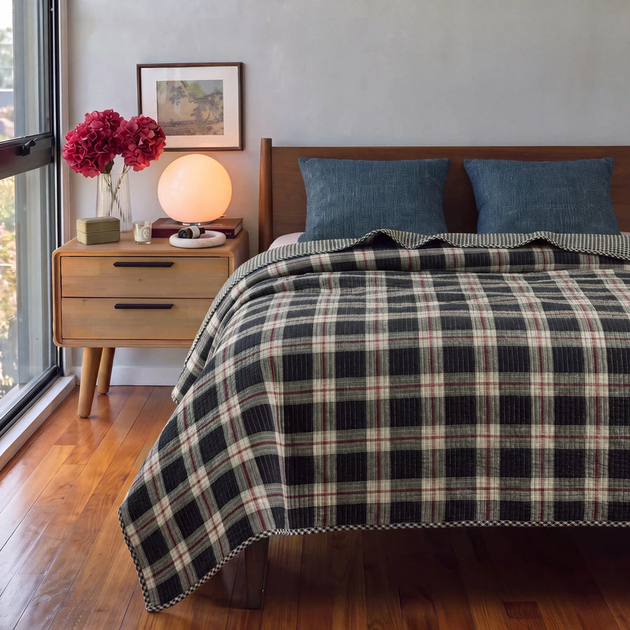 haven plaid yarn dyed quilt midnight haven wooden nightstand denim blue pillows