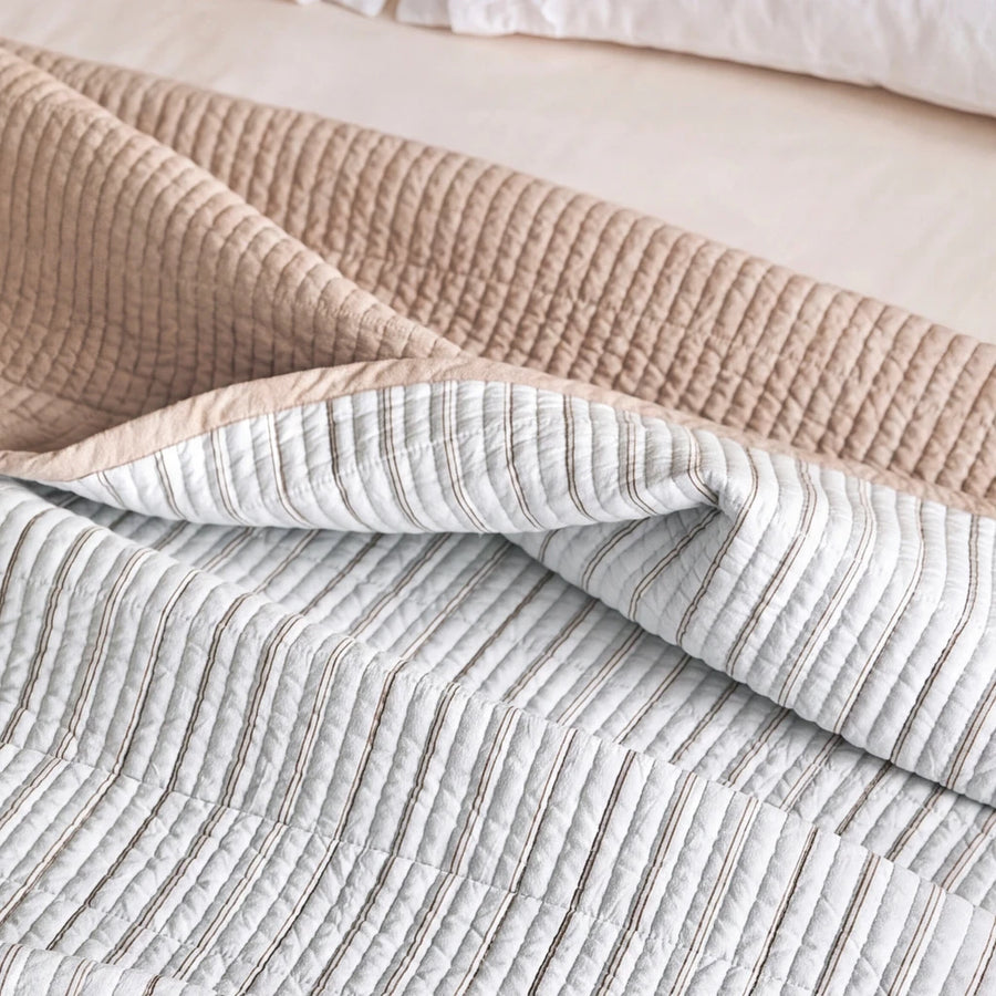 haven stripe yarn dyed quilt set blue stripe khaki reverse texture detail