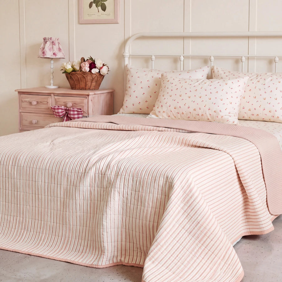 haven stripe yarn dyed quilt set blush stripe floral pillows metal bed