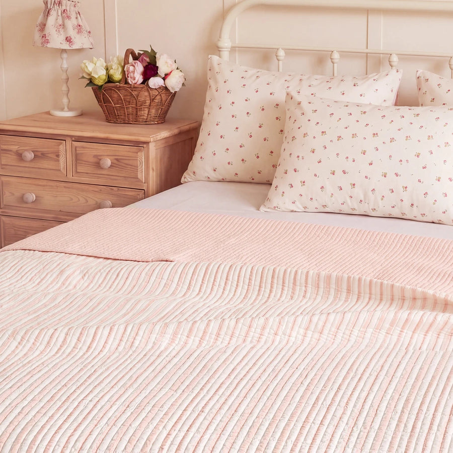 haven stripe yarn dyed quilt set blush stripe nightstand flower basket