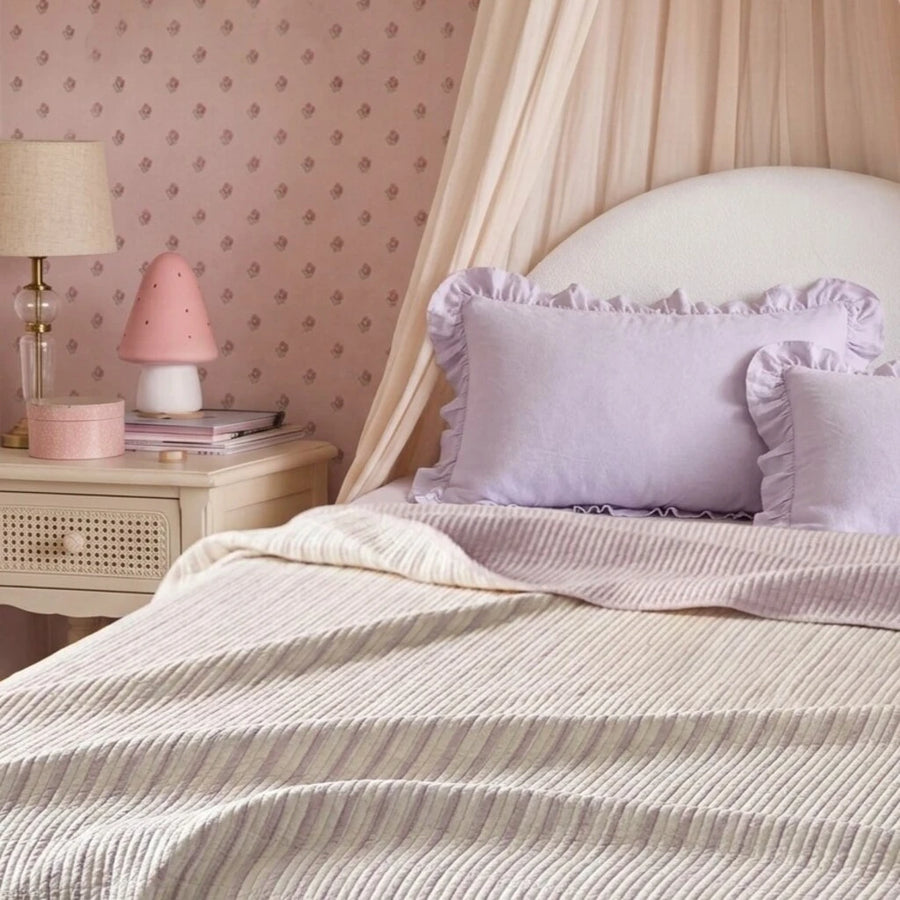 haven stripe yarn dyed quilt set lavender stripe ruffled pillows nightstand decor