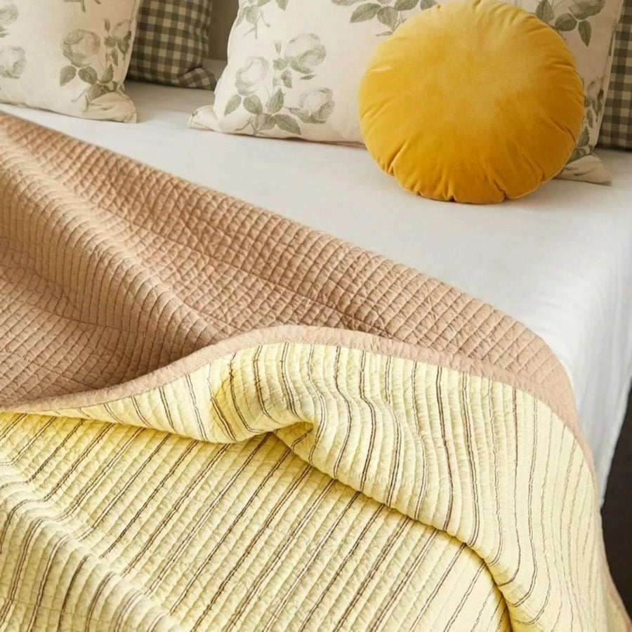 haven stripe yarn dyed quilt set pale lemon stripe tan reverse yellow round pillow