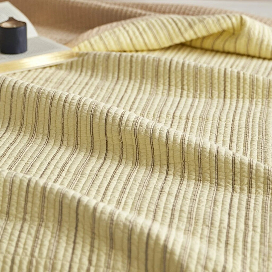 haven stripe yarn dyed quilt set pale lemon stripe texture close up
