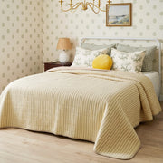haven stripe yarn dyed quilt set pale lemon stripe wallpaper brass chandelier