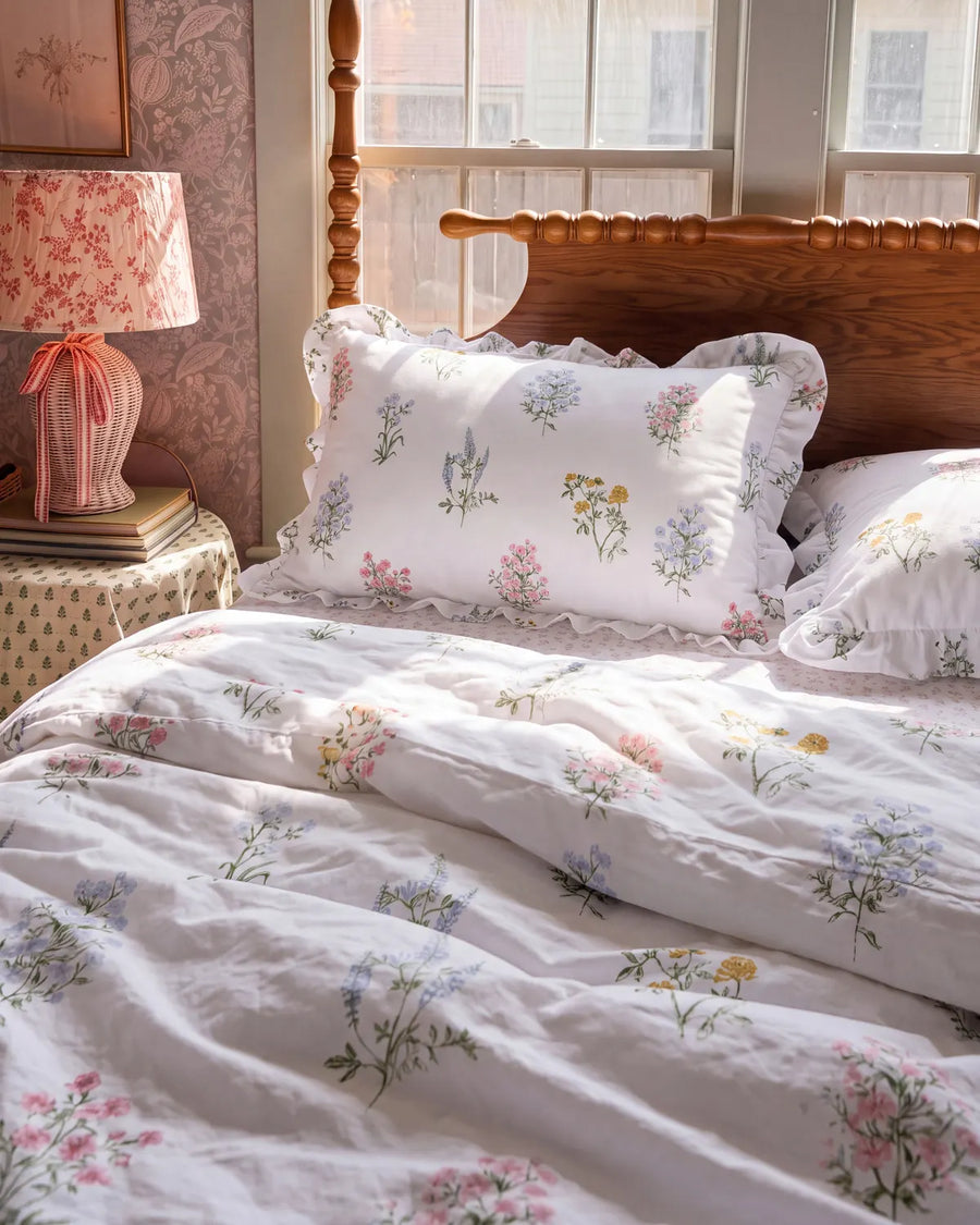 herbarium reverie ruffle duvet cover set sunlit bedroom