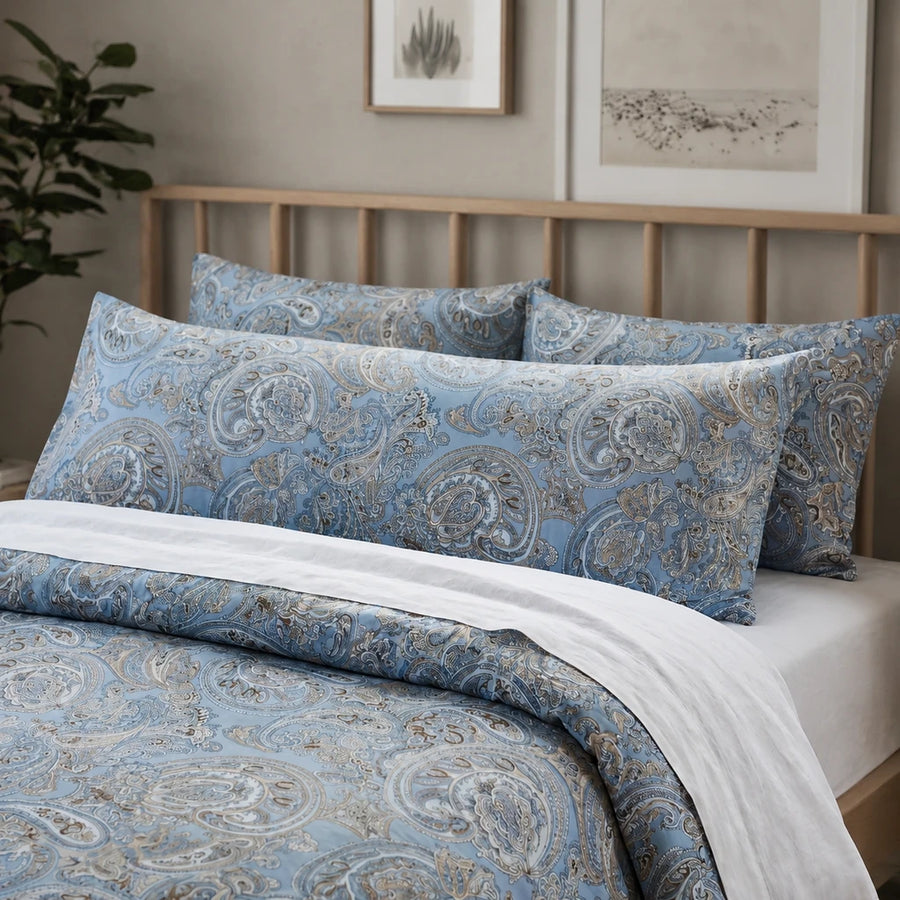 heritage azure paisley pillowcase side view lighting
