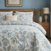 shabby chic medallion floral pattern duvet case blue and mustard yellow detail