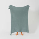 Person Holding Up Aqua Knitted Throw Blanket Full Length Display