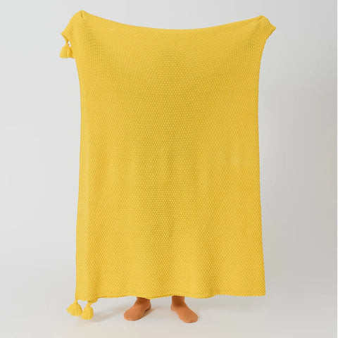 Person Holding Up Sunny Yellow Knitted Throw Blanket Full Length