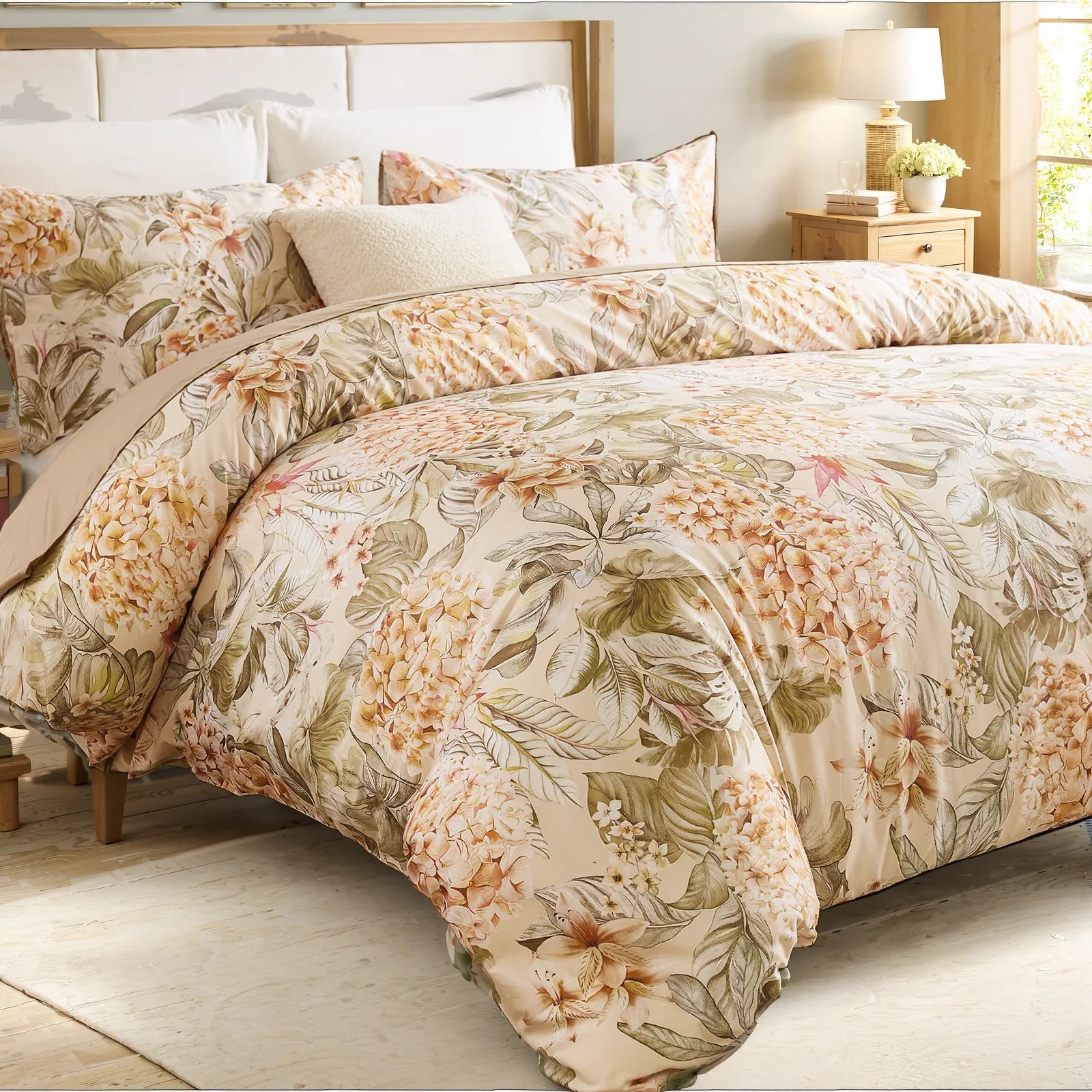 Closeup of pink hydrangea flowers pattern on cotton fabric