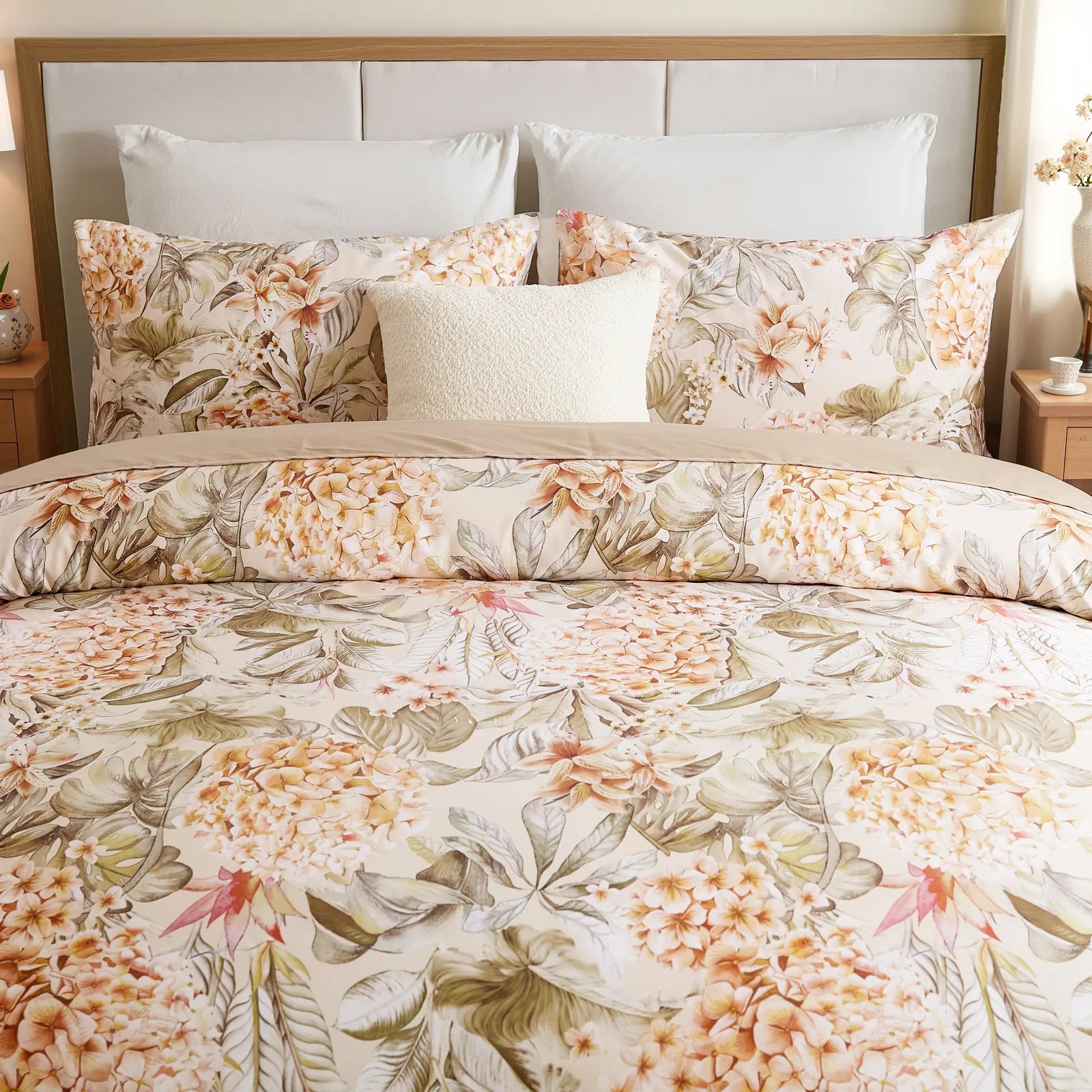 Detailed view of the comforter set showing the pillowcases and decorative pillow
