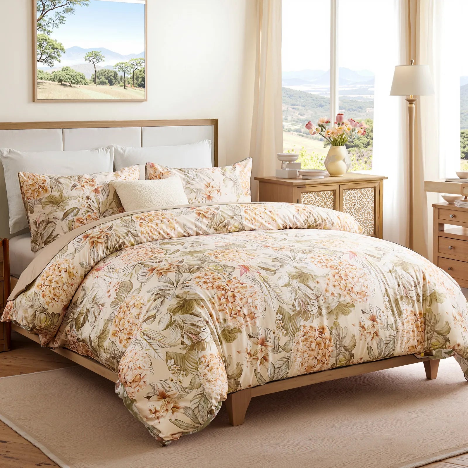 Side view of the floral comforter set on a bed.