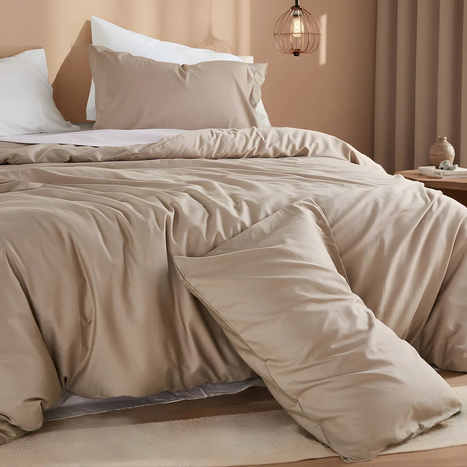 Two side view of light brown duvet with pillows