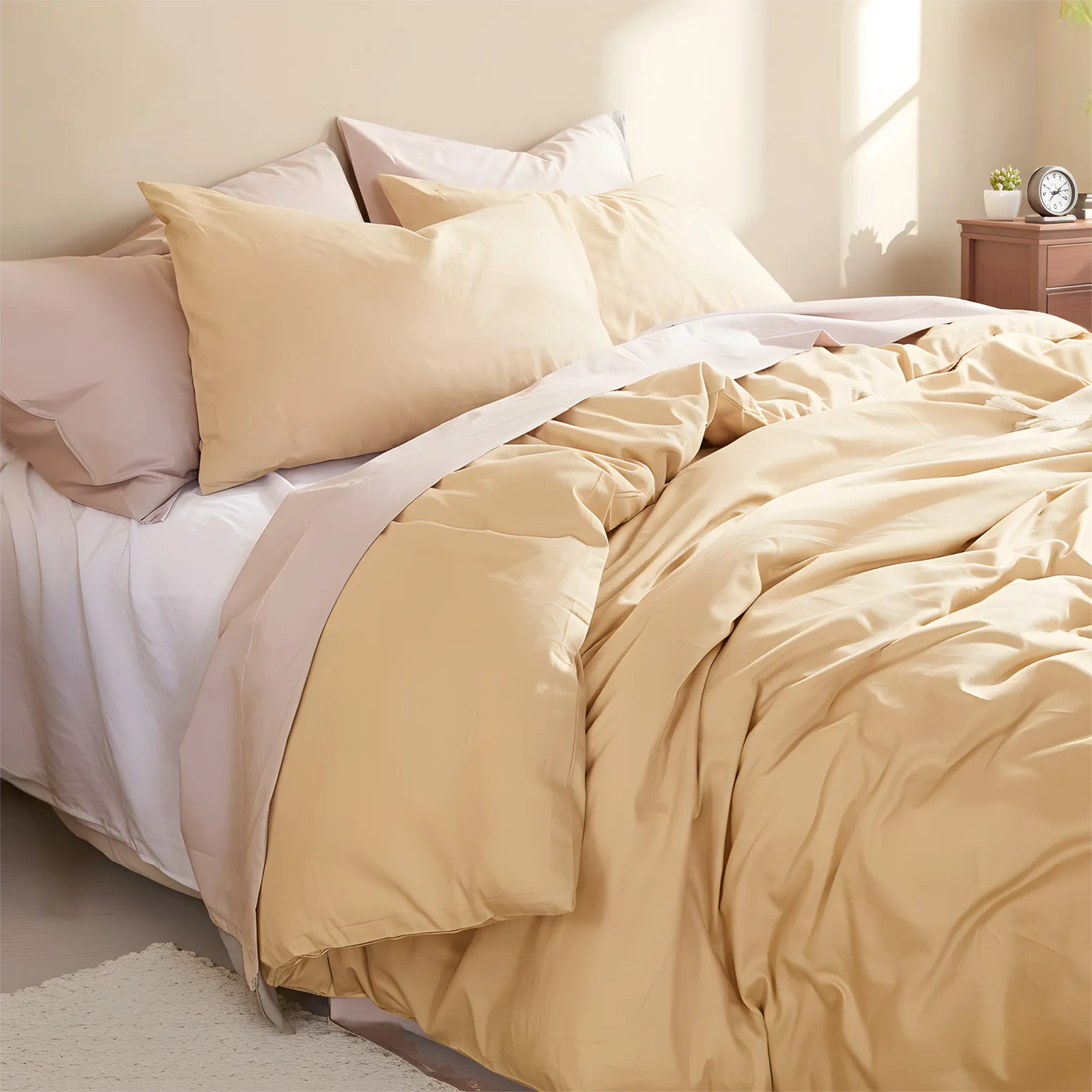  Close-up shot focusing on the layered pillows and light yellow duvet texture.