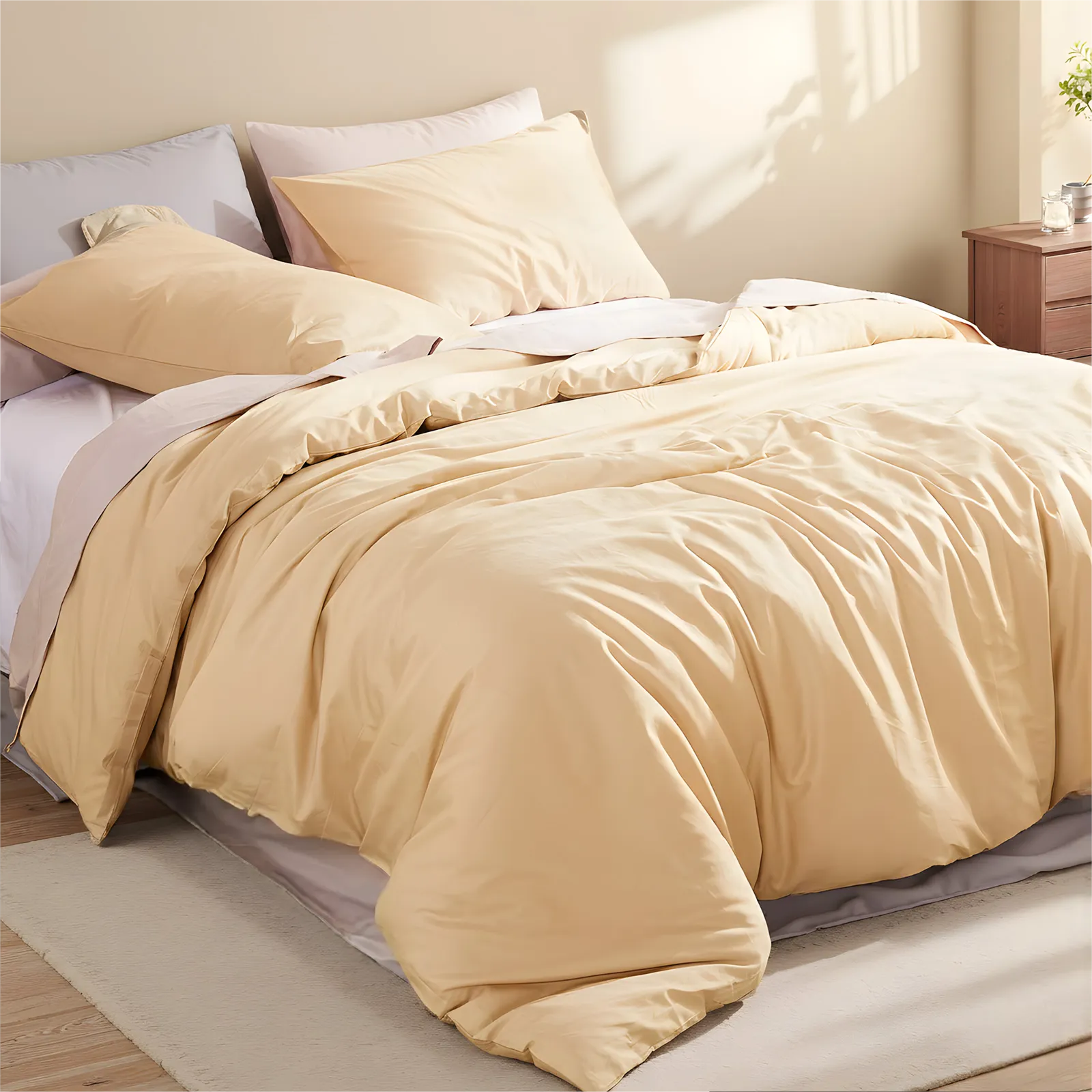 Top down view of light yellow duvet fully covering the bed with multiple pillows.