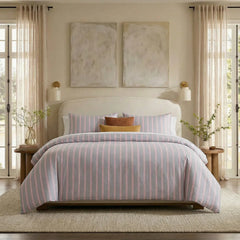 Full front view of light grey and pink  striped bedding set