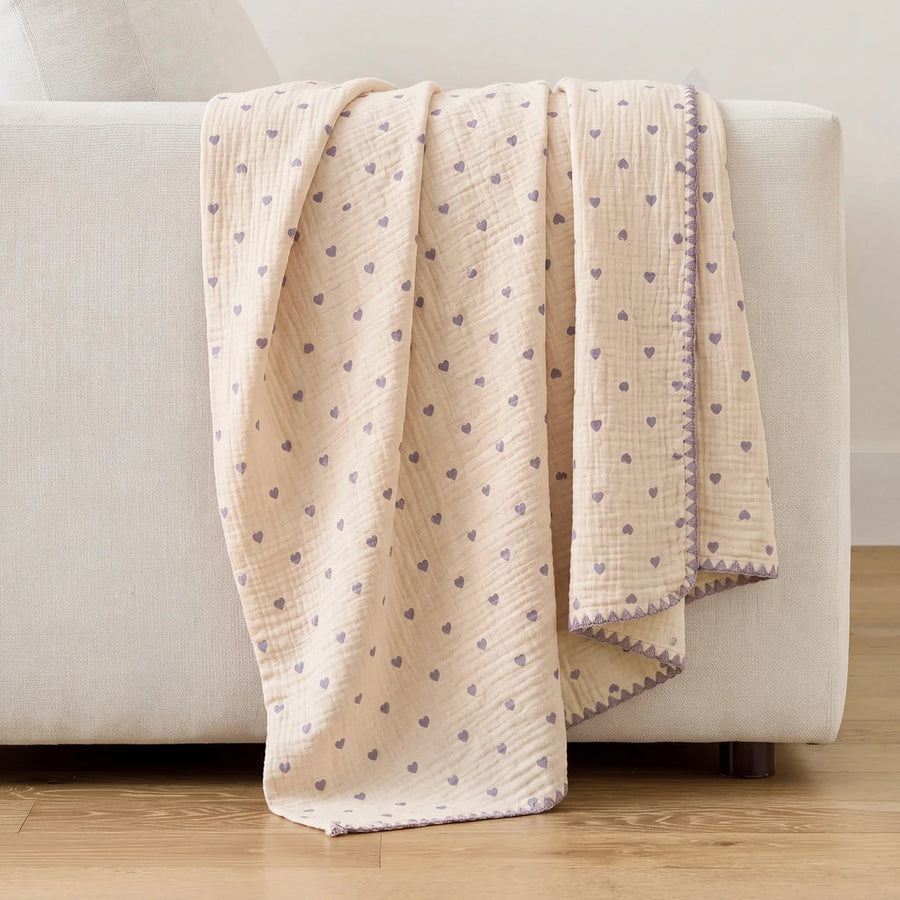 little dream muslin blanket lilac heart purple crochet trim sofa throw