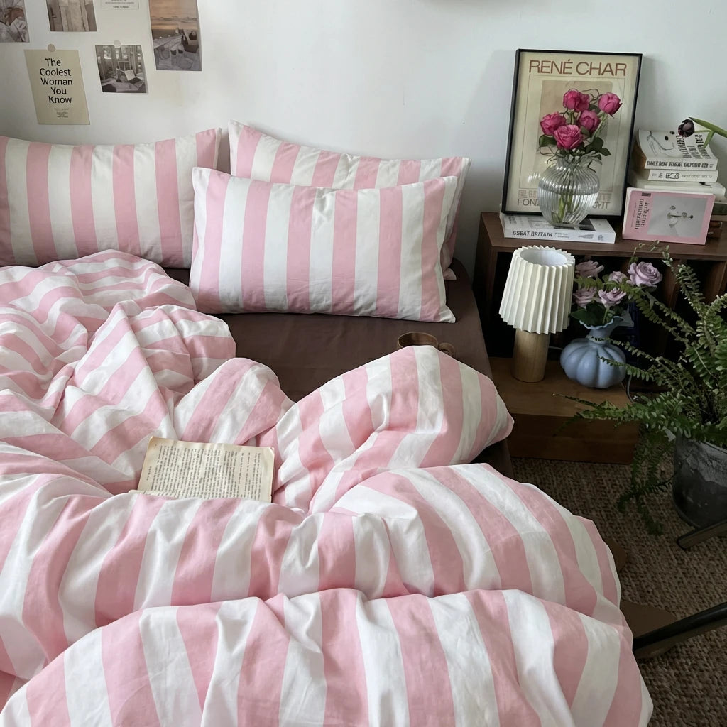 luxury cabana stripe pink duvet cover set with pillows and water bottle