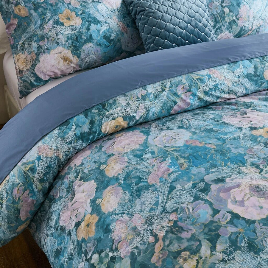 luxury peacock blue floral duvet set with matching shams