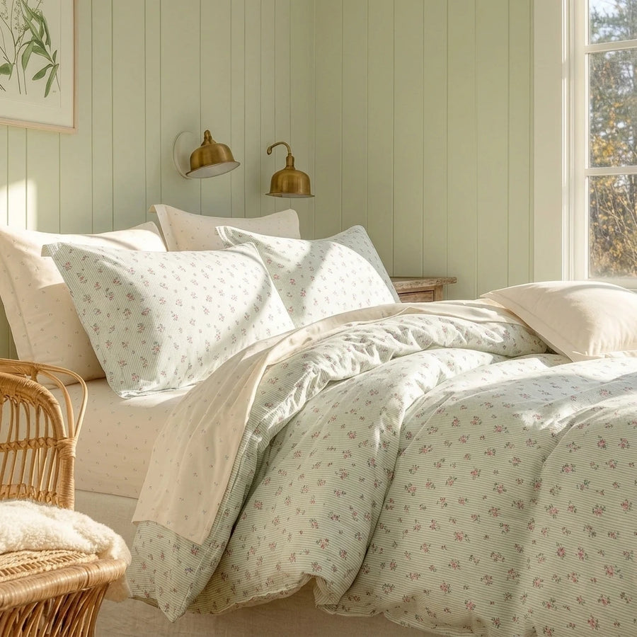 luxury pink pinstripe floral bedspread modern farmhouse interior