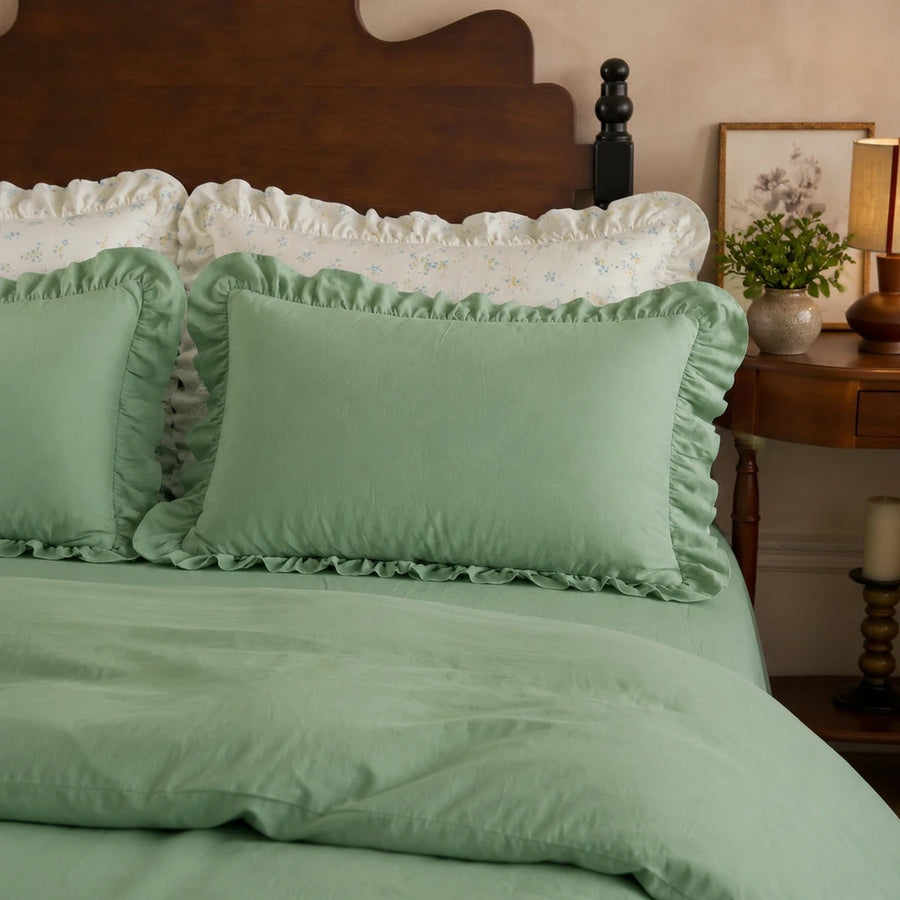 luxury solid sage green ruffle pillowcase macro