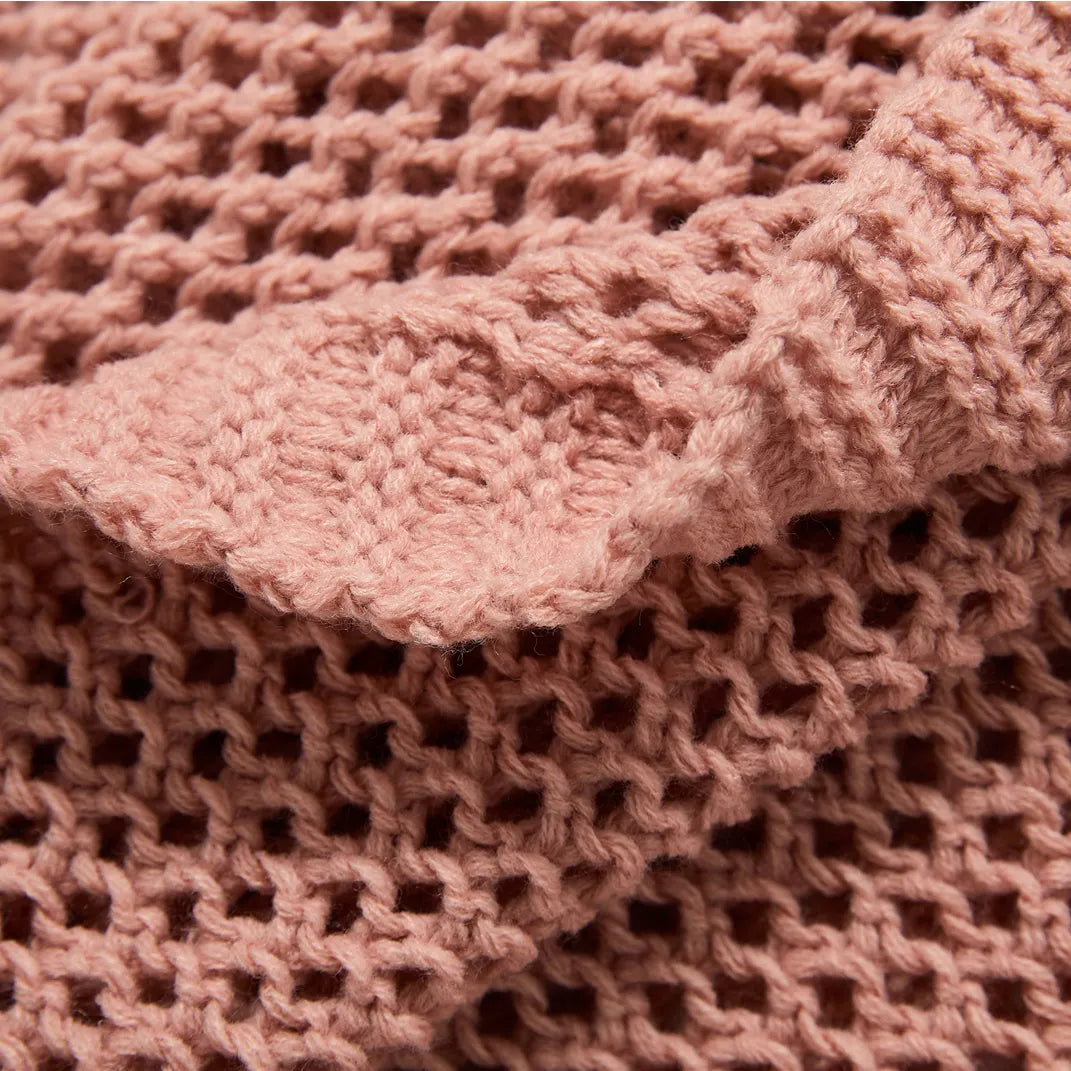 Macro Close-up of Rose Pink Fabric Cable Knit Texture Detail
