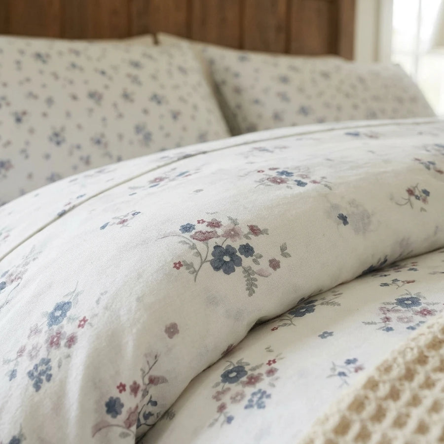 matching botanical pillow shams ditsy floral bedspread detail